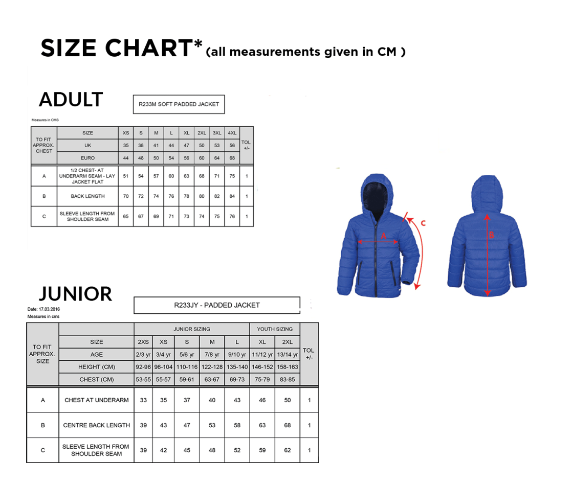 RIDGEWAY ACADEMY STAFF - PADDED JACKET - Size Guide