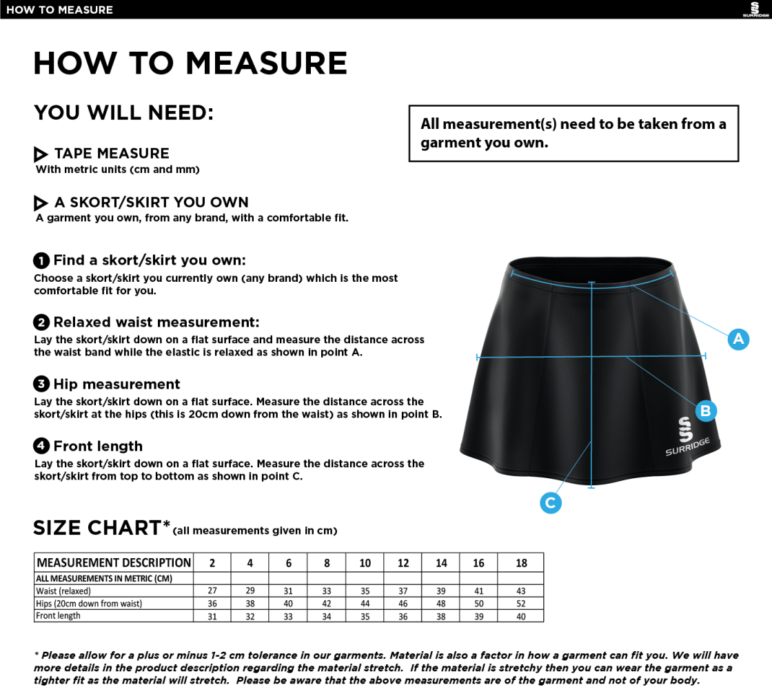 RIDGEWAY ACADEMY SKORT - Size Guide