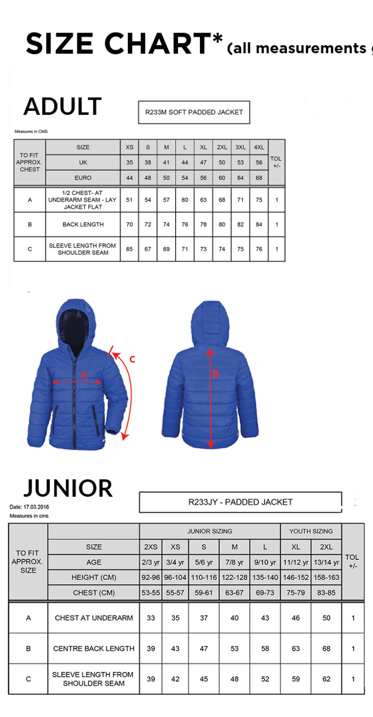 RIDGEWAY ACADEMY STAFF - PADDED JACKET - Size Guide