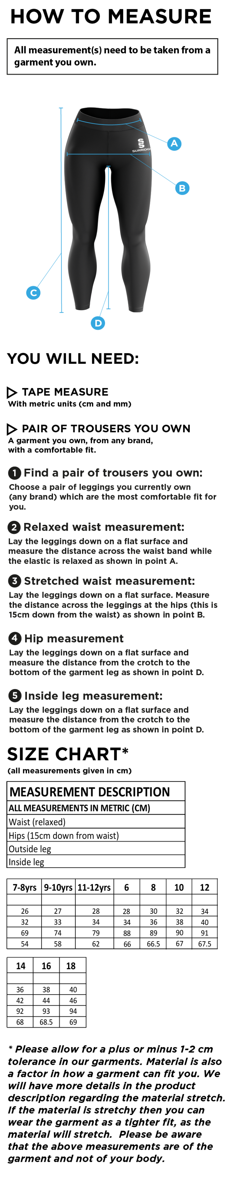 RIDGEWAY ACADEMY LEGGING - Size Guide