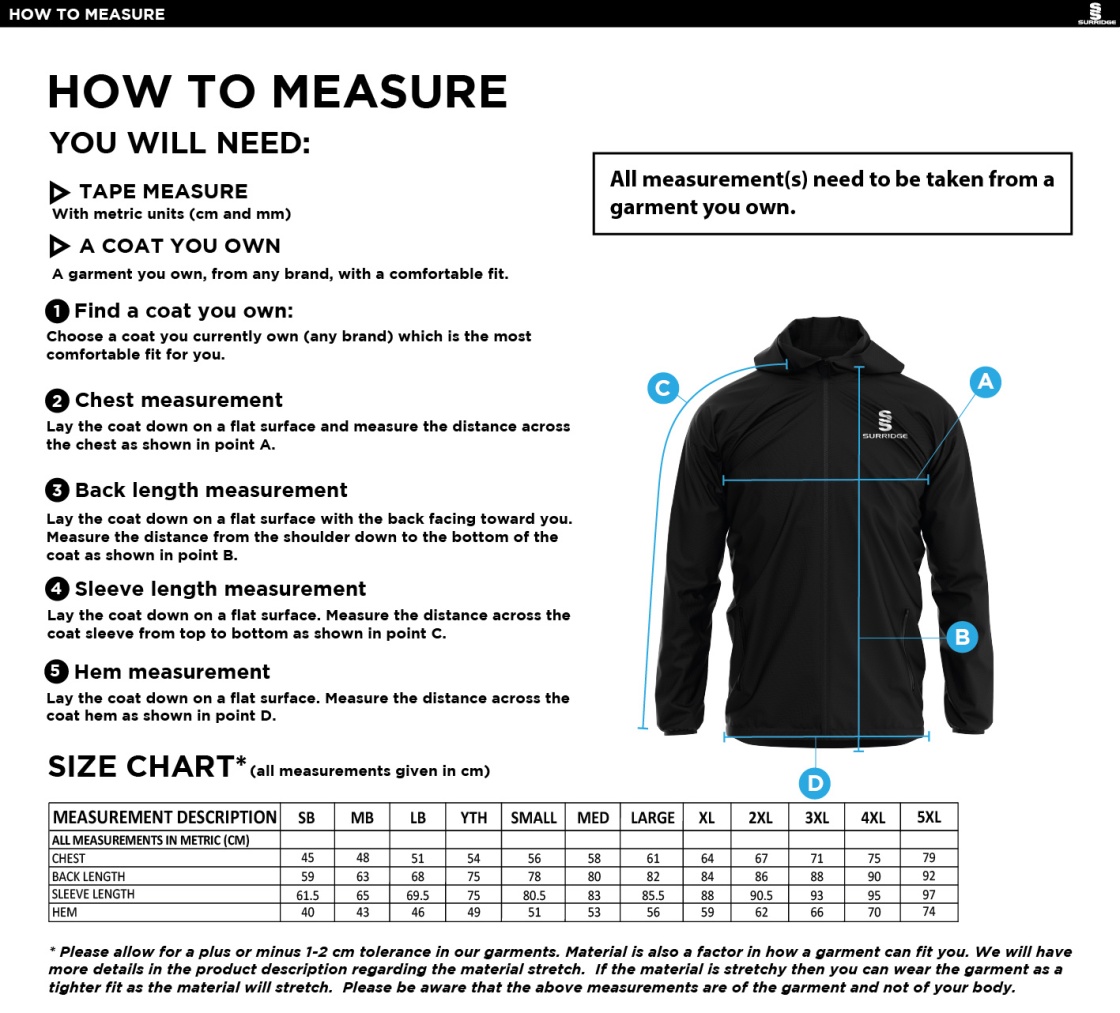 RIDGEWAY ACADEMY SPORTS COUNCIL - LIGHTWEIGHT JACKET WITH RED TRIM - Size Guide