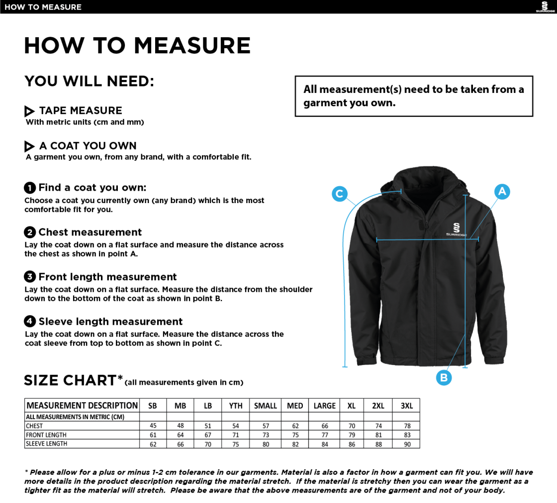 RIDGEWAY ACADEMY STAFF - FLEECE LINED JACKET - Size Guide