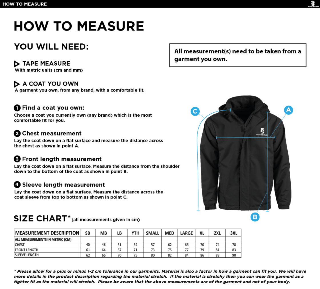 RIDGEWAY ACADEMY PE STAFF - FLEECE LINED JACKET - Size Guide