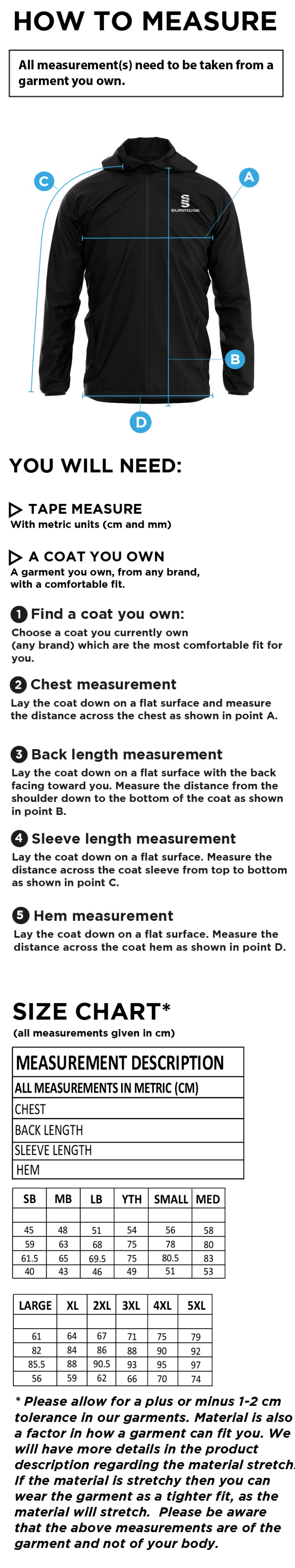 RIDGEWAY ACADEMY GCSE - LIGHTWEIGHT JACKET WITH RED TRIM - Size Guide