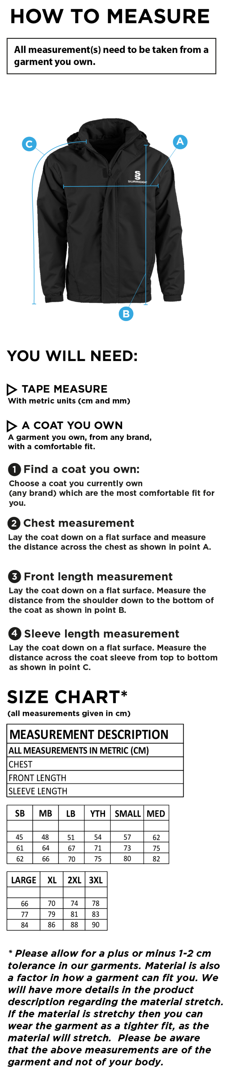 RIDGEWAY ACADEMY PE STAFF - FLEECE LINED JACKET - Size Guide