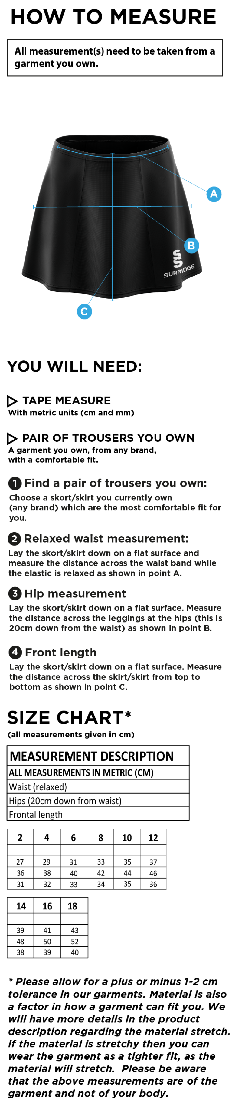 RIDGEWAY ACADEMY SKORT - Size Guide